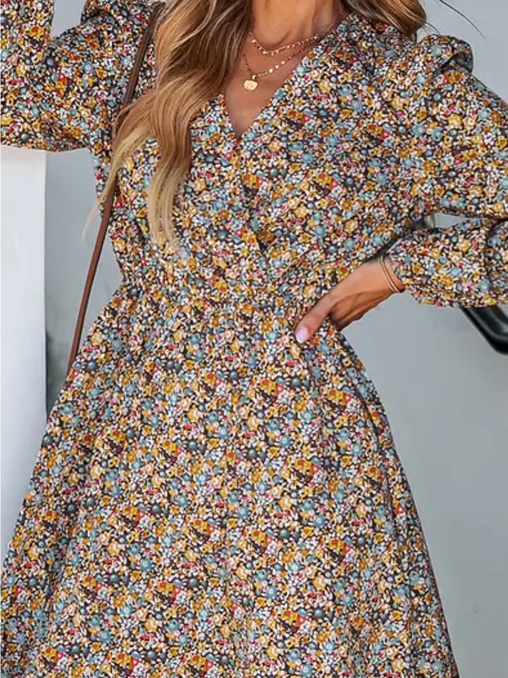 Cupshe Floral Long-Sleeve V-Neck Mini Dress in Mustard Multi - Picture 2 of 6